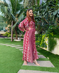 RED PRINTED TWO TONE FLARE TOP PAIRED WITH LONG SKIRT WITH SLIT