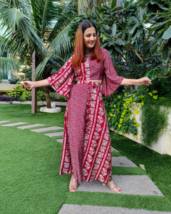 RED PRINTED TWO TONE FLARE TOP PAIRED WITH LONG SKIRT WITH SLIT