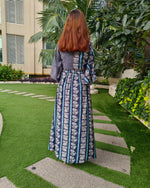 Load image into Gallery viewer, INDIGO BLUE PRINTED TWO TONE FLARE TOP PAIRED WITH LONG SKIRT WITH SLIT
