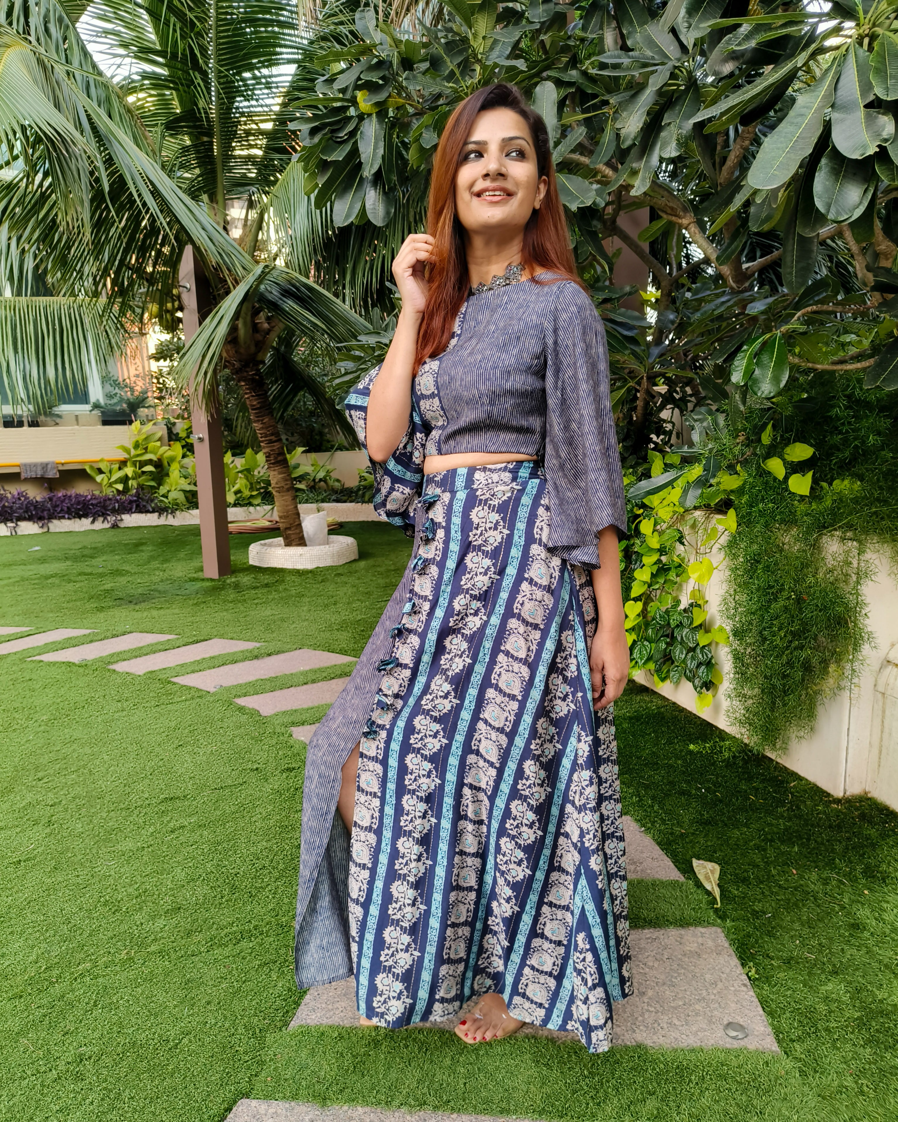 INDIGO BLUE PRINTED TWO TONE FLARE TOP PAIRED WITH LONG SKIRT WITH SLIT