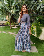 Load image into Gallery viewer, INDIGO BLUE PRINTED TWO TONE FLARE TOP PAIRED WITH LONG SKIRT WITH SLIT
