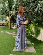 Load image into Gallery viewer, INDIGO BLUE PRINTED TWO TONE FLARE TOP PAIRED WITH LONG SKIRT WITH SLIT
