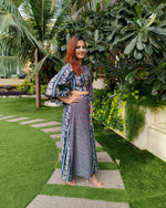 Load image into Gallery viewer, INDIGO BLUE PRINTED TWO TONE FLARE TOP PAIRED WITH LONG SKIRT WITH SLIT
