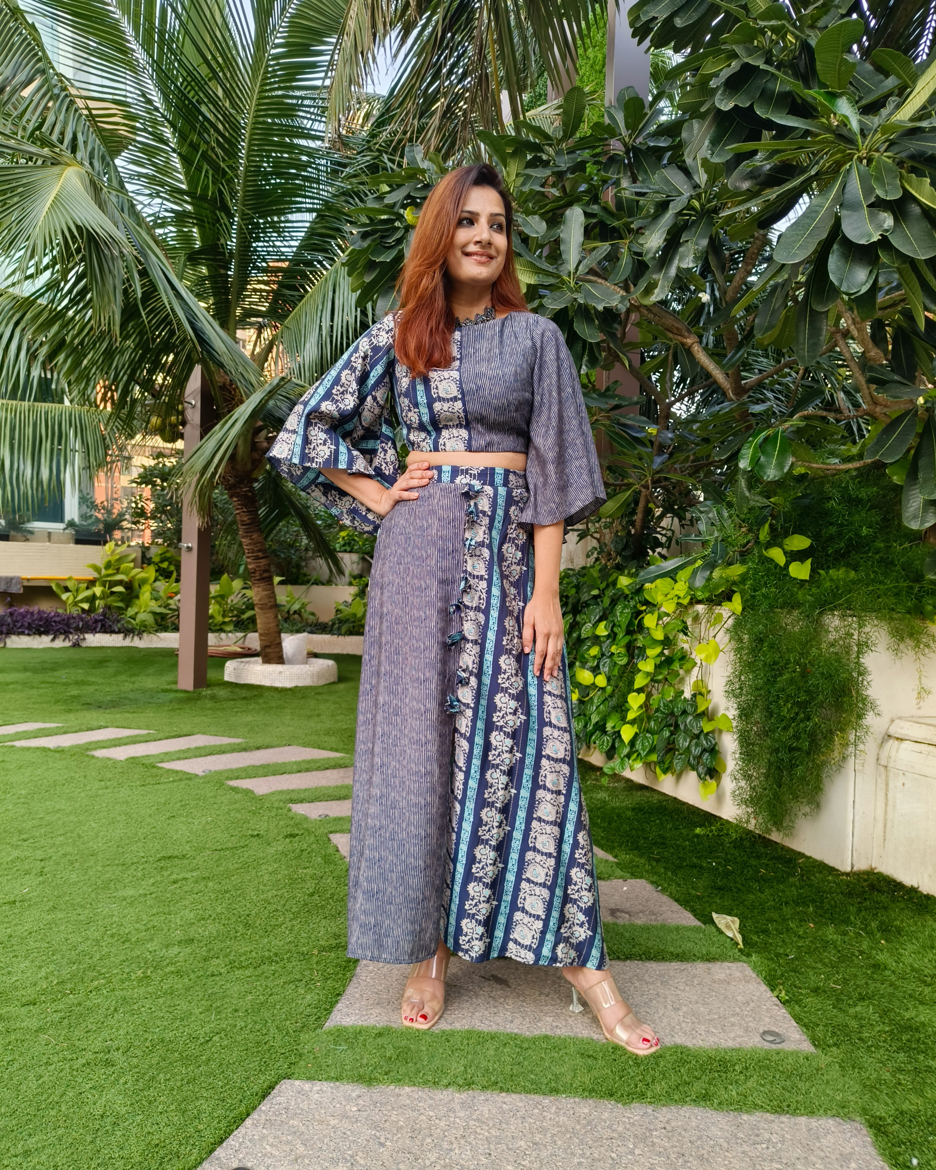 INDIGO BLUE PRINTED TWO TONE FLARE TOP PAIRED WITH LONG SKIRT WITH SLIT