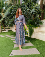 Load image into Gallery viewer, INDIGO BLUE PRINTED TWO TONE FLARE TOP PAIRED WITH LONG SKIRT WITH SLIT
