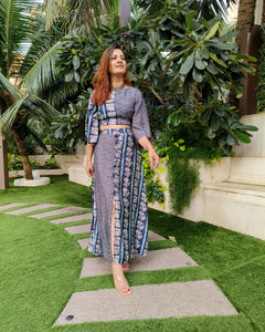 INDIGO BLUE PRINTED TWO TONE FLARE TOP PAIRED WITH LONG SKIRT WITH SLIT