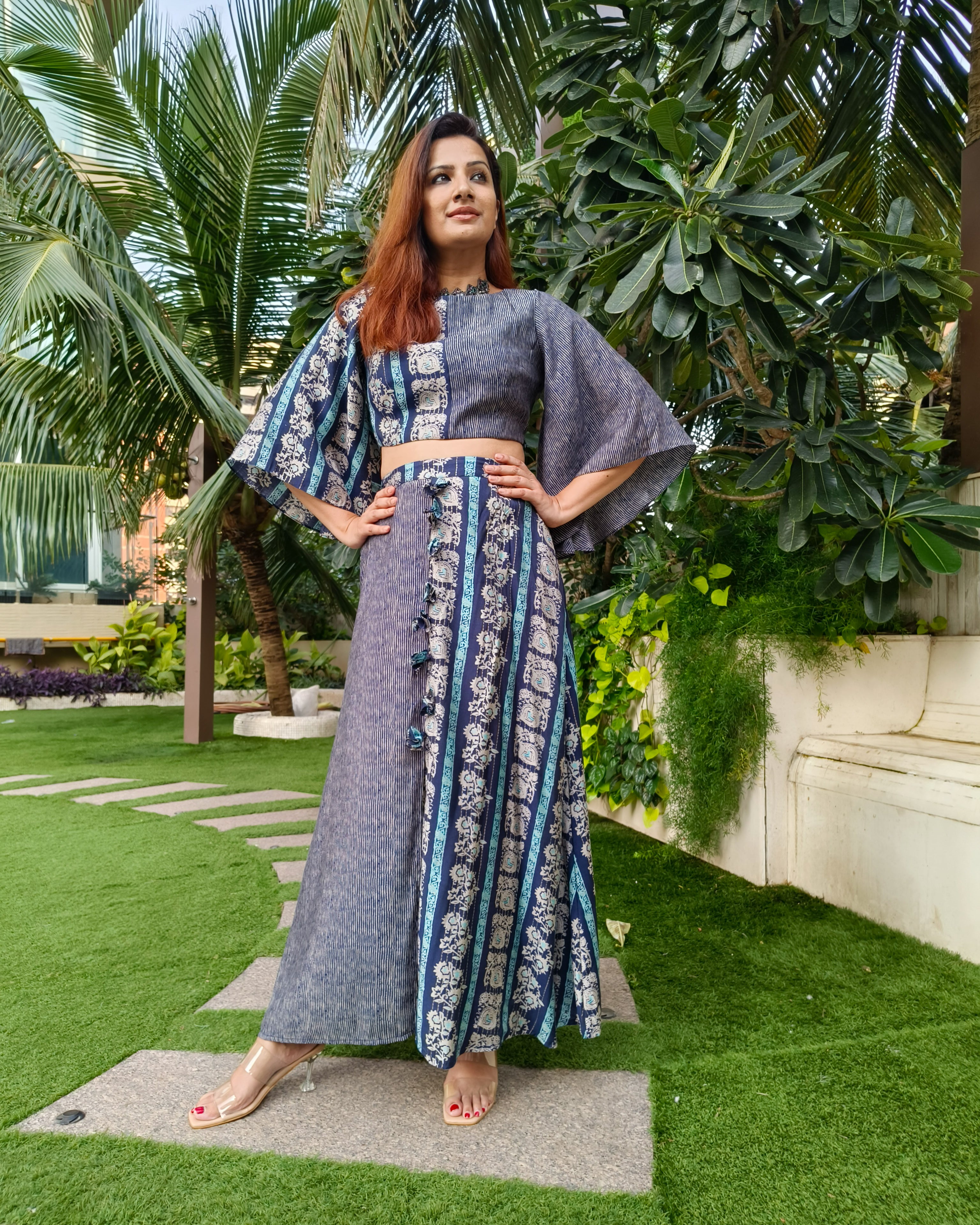 INDIGO BLUE PRINTED TWO TONE FLARE TOP PAIRED WITH LONG SKIRT WITH SLIT