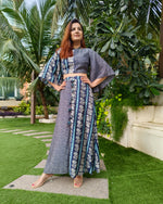 Load image into Gallery viewer, INDIGO BLUE PRINTED TWO TONE FLARE TOP PAIRED WITH LONG SKIRT WITH SLIT
