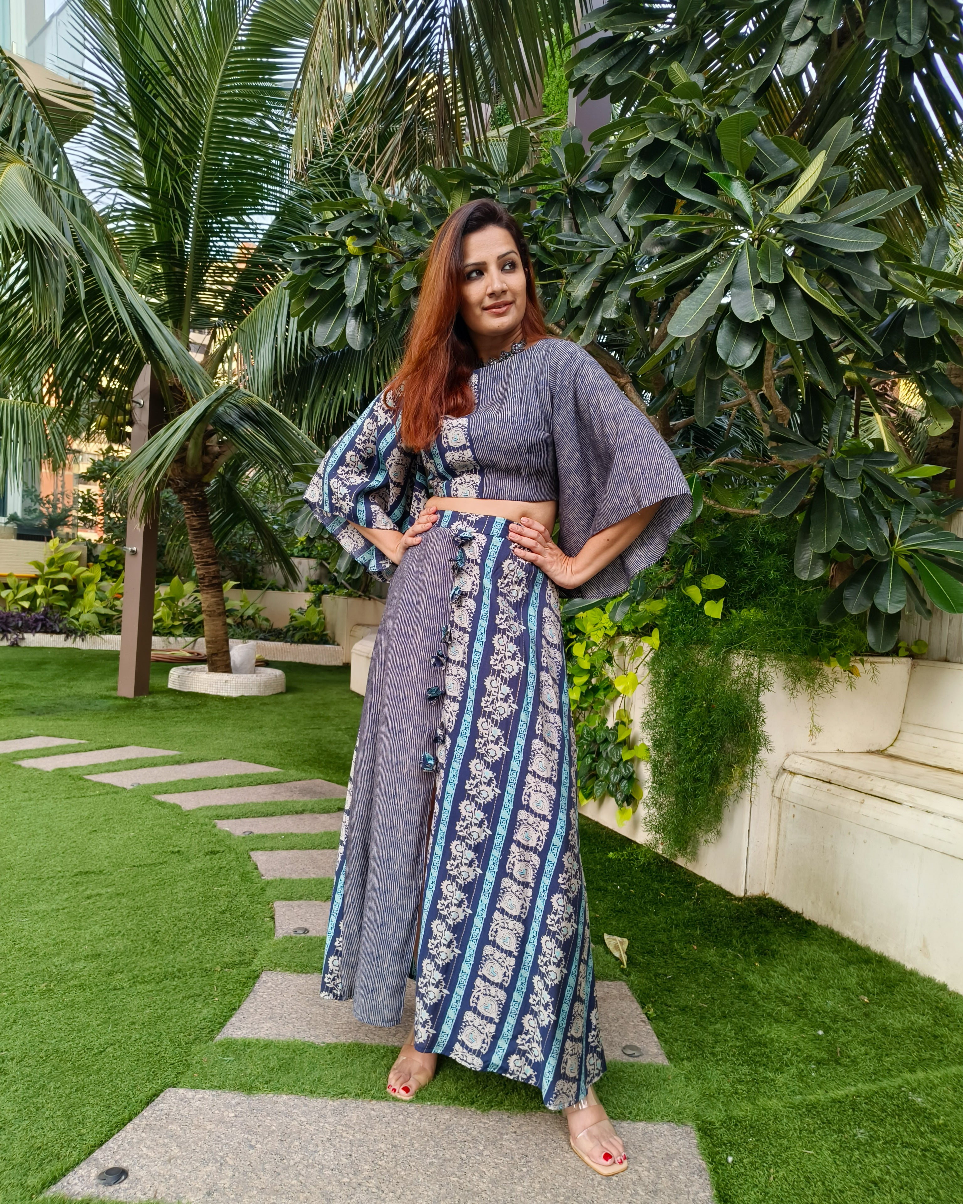 INDIGO BLUE PRINTED TWO TONE FLARE TOP PAIRED WITH LONG SKIRT WITH SLIT