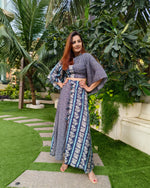 Load image into Gallery viewer, INDIGO BLUE PRINTED TWO TONE FLARE TOP PAIRED WITH LONG SKIRT WITH SLIT
