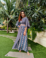 Load image into Gallery viewer, INDIGO BLUE PRINTED TWO TONE FLARE TOP PAIRED WITH LONG SKIRT WITH SLIT
