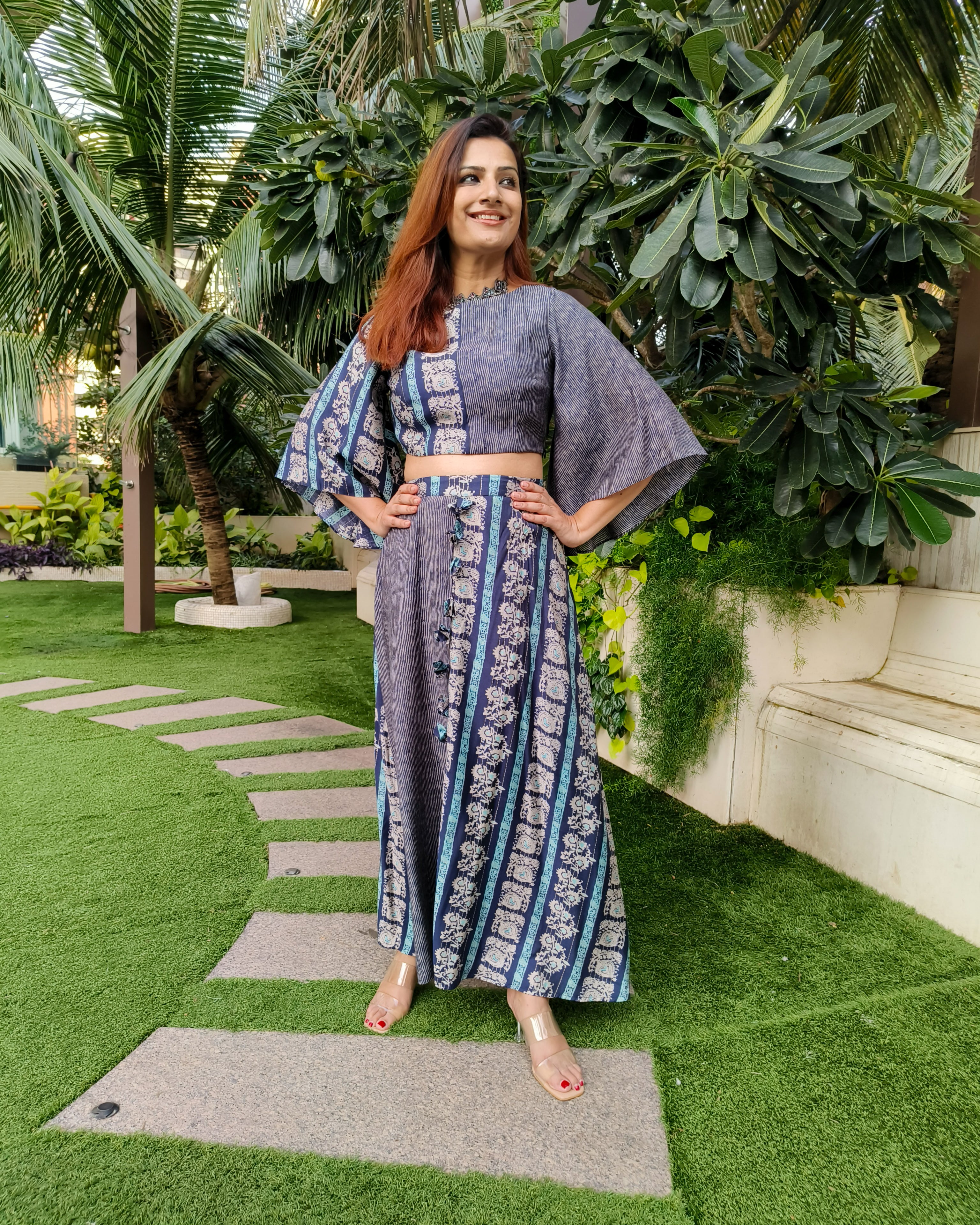INDIGO BLUE PRINTED TWO TONE FLARE TOP PAIRED WITH LONG SKIRT WITH SLIT