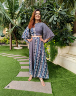 Load image into Gallery viewer, INDIGO BLUE PRINTED TWO TONE FLARE TOP PAIRED WITH LONG SKIRT WITH SLIT
