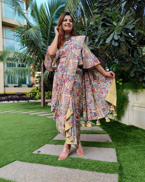 PEACH BLUE ABSTRACT PRINTED SAREE SKIRT WITH BLOUSE AND FLARED JACKET