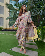 Load image into Gallery viewer, PEACH BLUE ABSTRACT PRINTED SAREE SKIRT WITH BLOUSE AND FLARED JACKET
