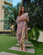 Load image into Gallery viewer, PEACH BLUE ABSTRACT PRINTED SAREE SKIRT WITH BLOUSE AND FLARED JACKET

