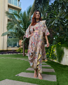 PEACH BLUE ABSTRACT PRINTED SAREE SKIRT WITH BLOUSE AND FLARED JACKET