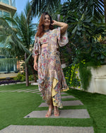 Load image into Gallery viewer, PEACH BLUE ABSTRACT PRINTED SAREE SKIRT WITH BLOUSE AND FLARED JACKET
