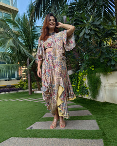 PEACH BLUE ABSTRACT PRINTED SAREE SKIRT WITH BLOUSE AND FLARED JACKET