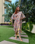 Load image into Gallery viewer, PEACH BLUE ABSTRACT PRINTED SAREE SKIRT WITH BLOUSE AND FLARED JACKET
