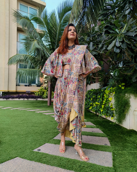 PEACH BLUE ABSTRACT PRINTED SAREE SKIRT WITH BLOUSE AND FLARED JACKET