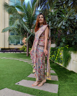 Load image into Gallery viewer, PEACH BLUE ABSTRACT PRINTED SAREE SKIRT WITH BLOUSE (Without Jacket)

