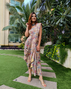 PEACH BLUE ABSTRACT PRINTED SAREE SKIRT WITH BLOUSE (Without Jacket)