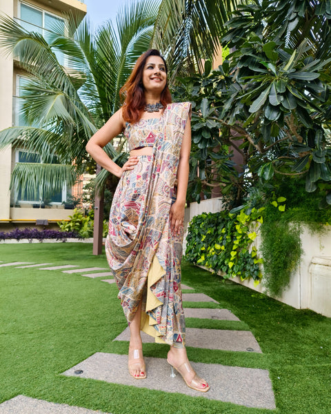 PEACH BLUE ABSTRACT PRINTED SAREE SKIRT WITH BLOUSE (Without Jacket)
