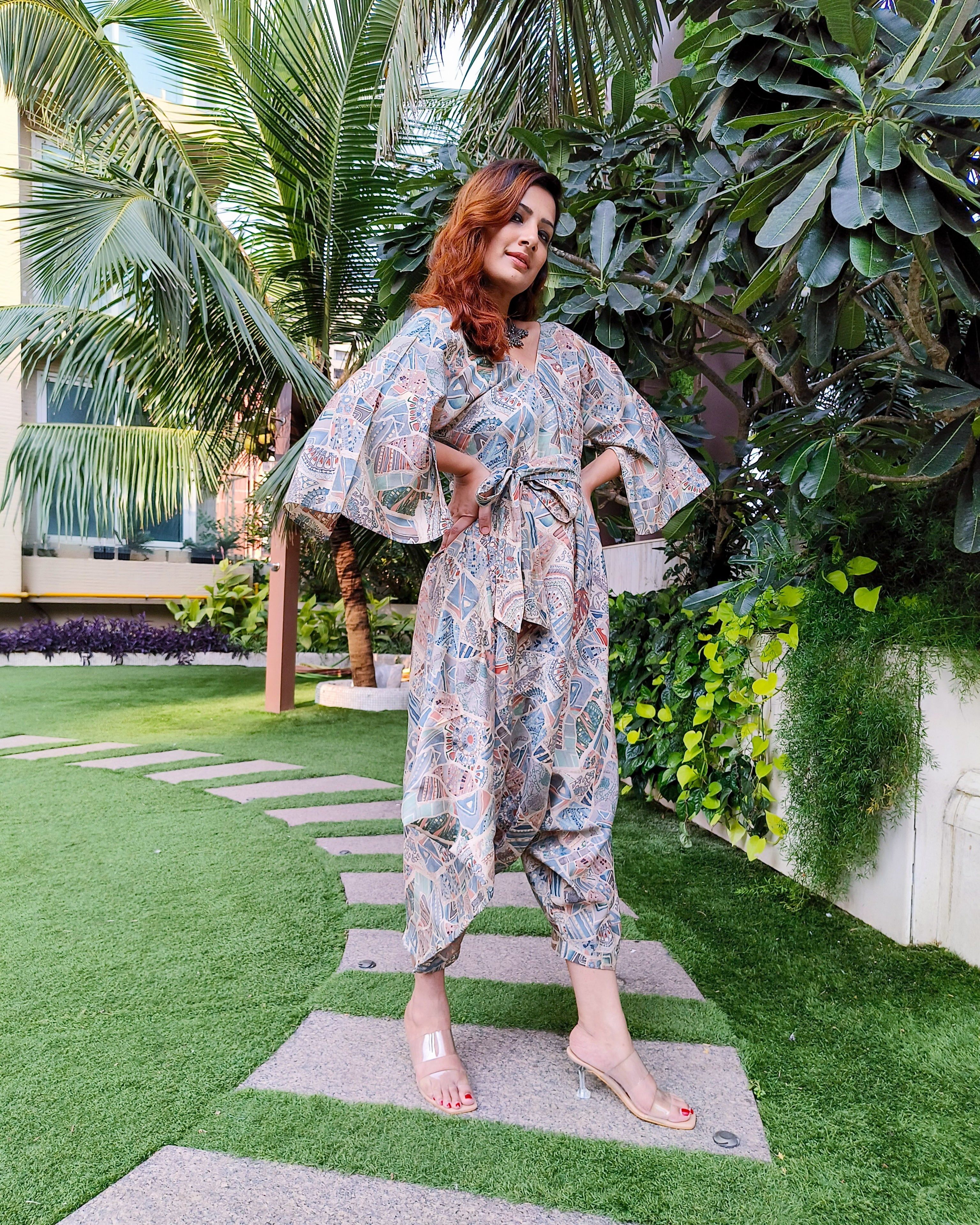 PEACH KHAKHEE ABSTRACT PRINT RELAXED JUMPSUIT WITH SLEEVES ( COMES WITH BELT)