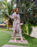 Load image into Gallery viewer, PEACH KHAKHEE ABSTRACT PRINT RELAXED JUMPSUIT WITH SLEEVES ( COMES WITH BELT)

