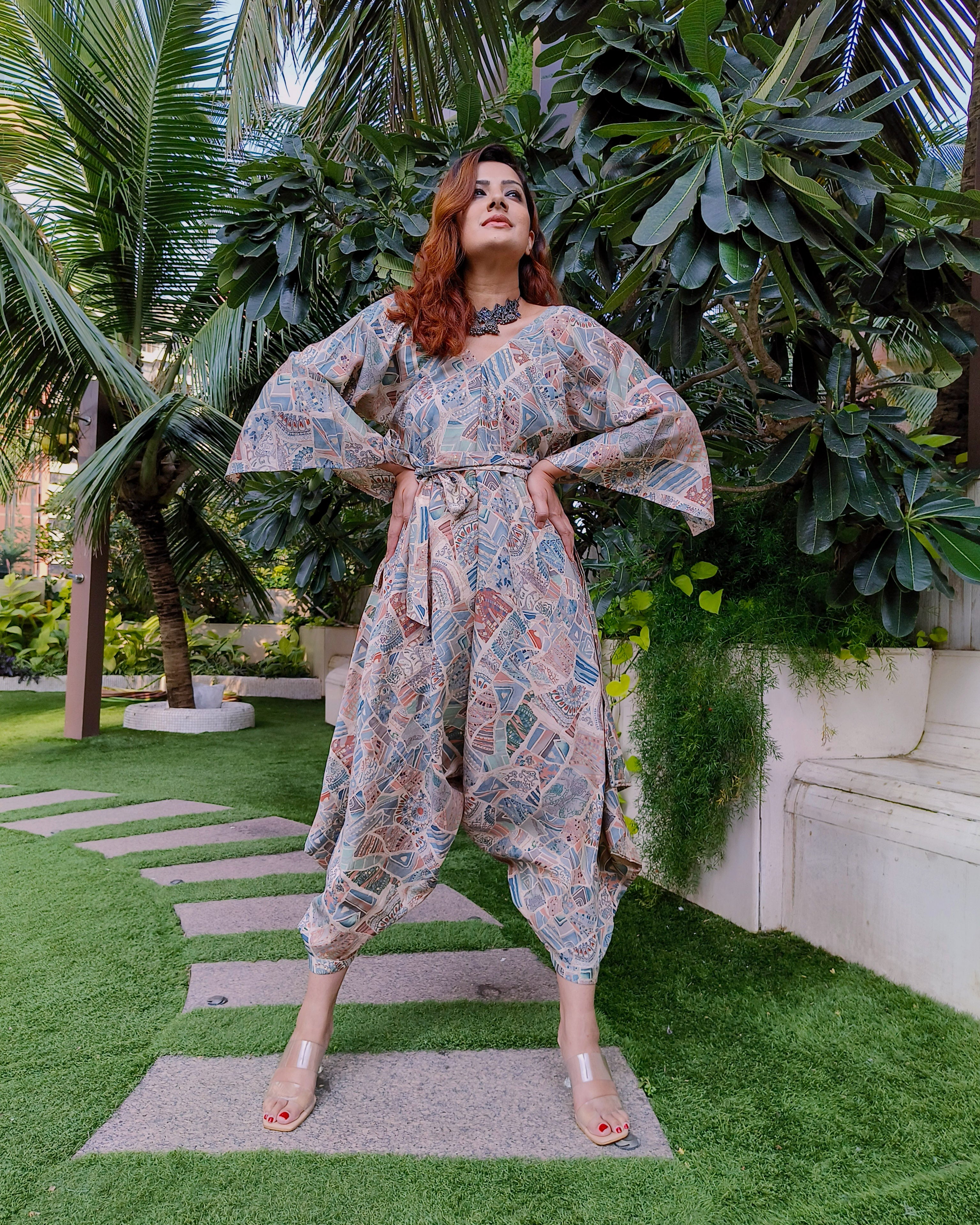 PEACH KHAKHEE ABSTRACT PRINT RELAXED JUMPSUIT WITH SLEEVES ( COMES WITH BELT)