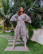 Load image into Gallery viewer, PEACH KHAKHEE ABSTRACT PRINT RELAXED JUMPSUIT WITH SLEEVES ( COMES WITH BELT)
