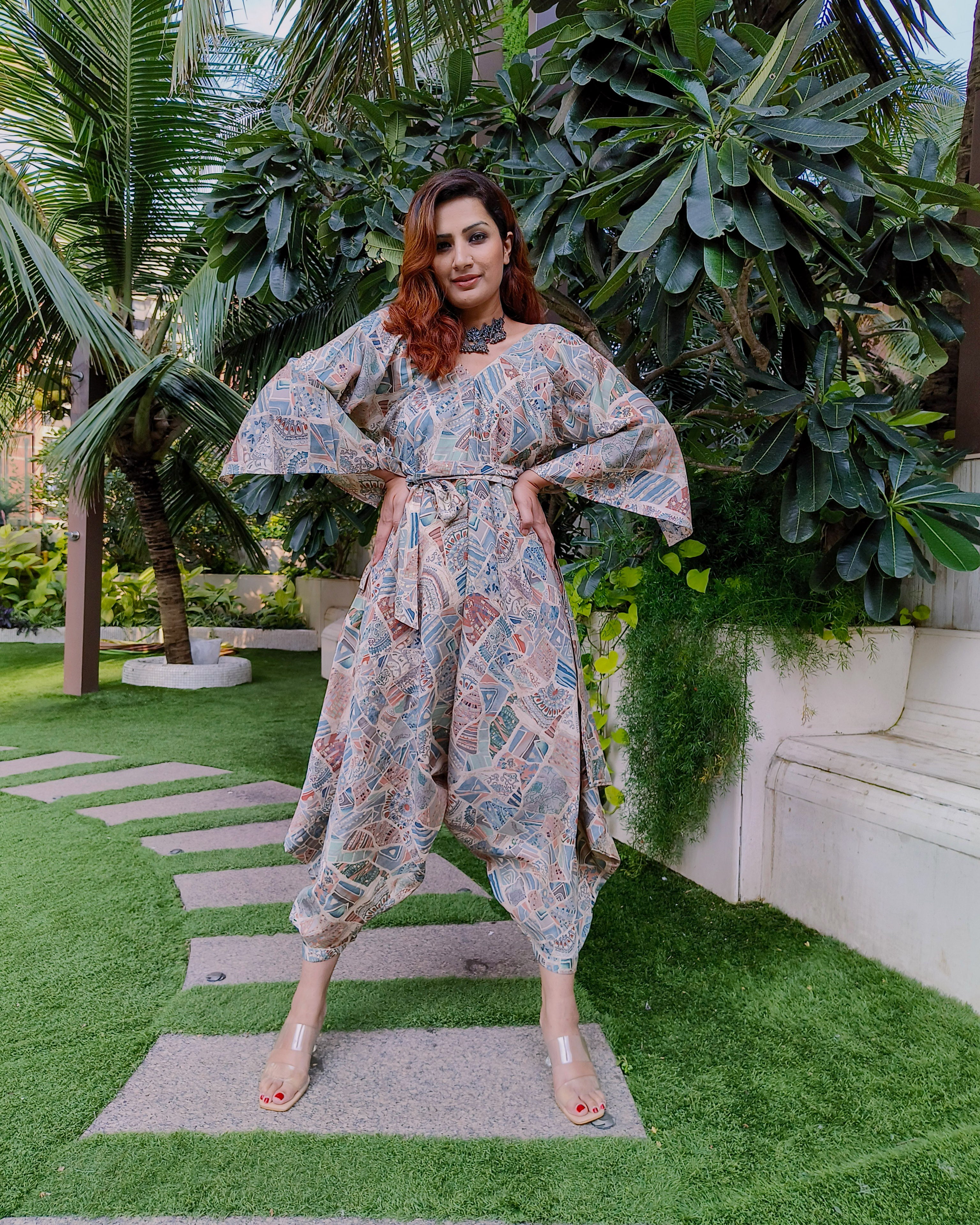 PEACH KHAKHEE ABSTRACT PRINT RELAXED JUMPSUIT WITH SLEEVES ( COMES WITH BELT)