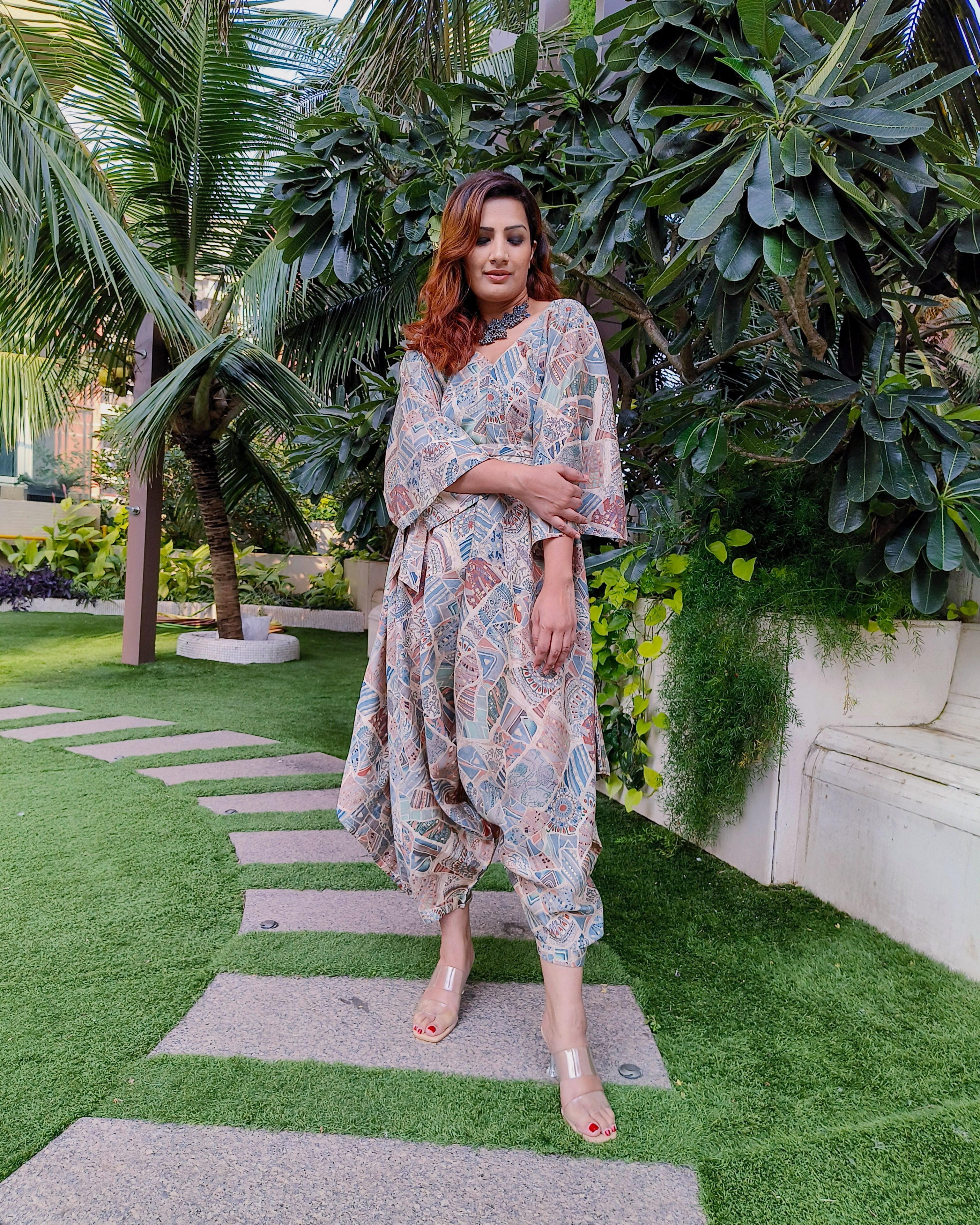 PEACH KHAKHEE ABSTRACT PRINT RELAXED JUMPSUIT WITH SLEEVES ( COMES WITH BELT)