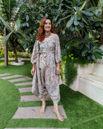 Load image into Gallery viewer, PEACH KHAKHEE ABSTRACT PRINT RELAXED JUMPSUIT WITH SLEEVES ( COMES WITH BELT)
