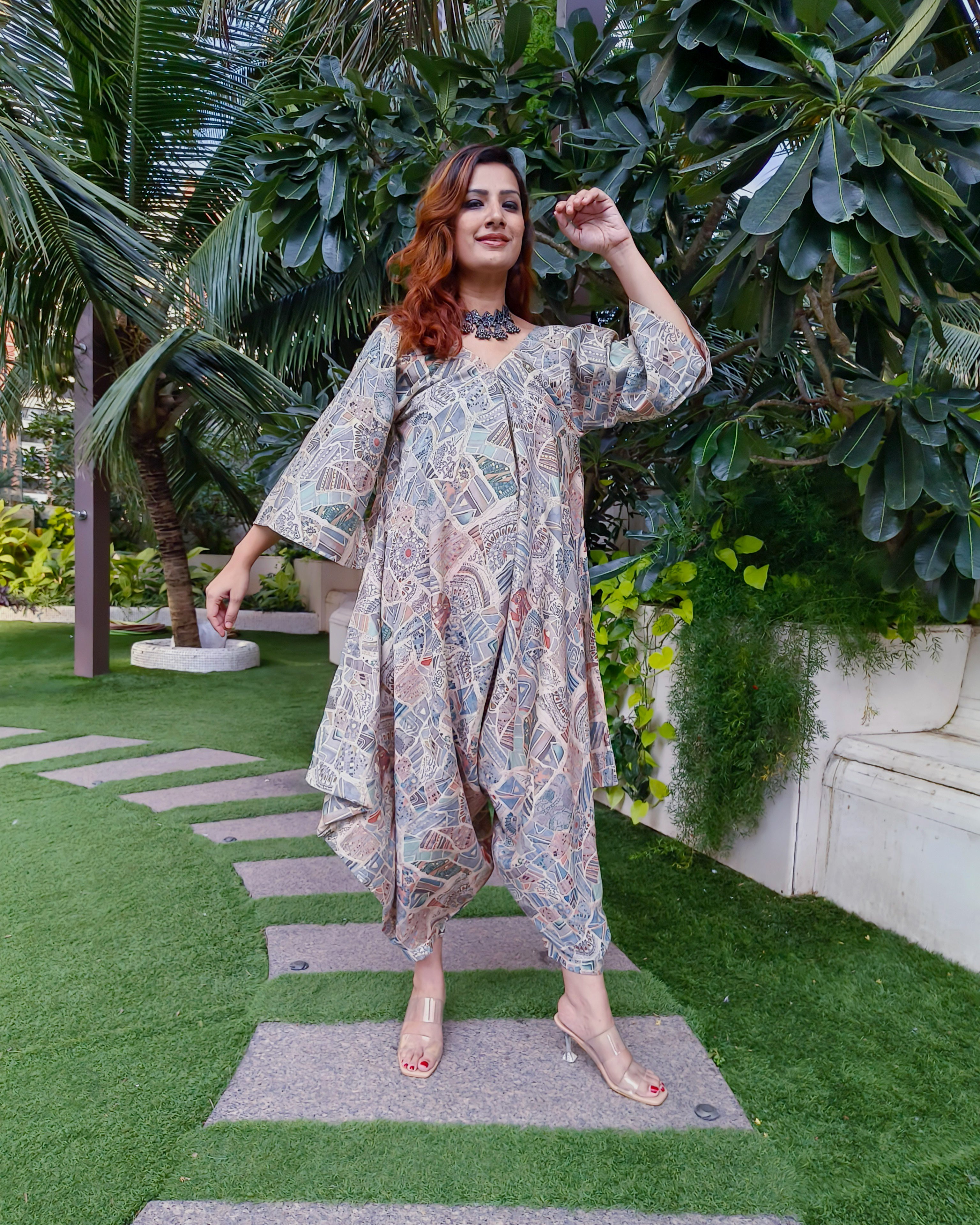PEACH KHAKHEE ABSTRACT PRINT RELAXED JUMPSUIT WITH SLEEVES ( COMES WITH BELT)