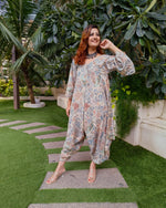 Load image into Gallery viewer, PEACH KHAKHEE ABSTRACT PRINT RELAXED JUMPSUIT WITH SLEEVES ( COMES WITH BELT)
