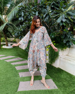 Load image into Gallery viewer, PEACH KHAKHEE ABSTRACT PRINT RELAXED JUMPSUIT WITH SLEEVES ( COMES WITH BELT)
