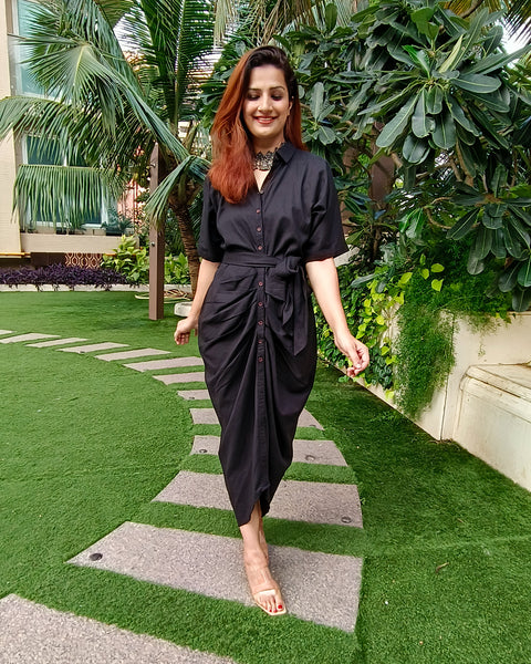 BLACK LONG SHIRT DRAPE DRESS
