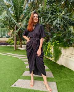 BLACK LONG SHIRT DRAPE DRESS