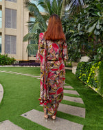 Load image into Gallery viewer, RED ABSTRACT PRINTED SAREE SKIRT WITH BLOUSE AND FLARED JACKET
