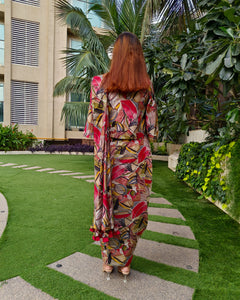 RED ABSTRACT PRINTED SAREE SKIRT WITH BLOUSE AND FLARED JACKET