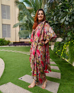 Load image into Gallery viewer, RED ABSTRACT PRINTED SAREE SKIRT WITH BLOUSE AND FLARED JACKET

