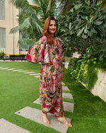 Load image into Gallery viewer, RED ABSTRACT PRINTED SAREE SKIRT WITH BLOUSE AND FLARED JACKET
