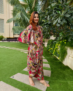 RED ABSTRACT PRINTED SAREE SKIRT WITH BLOUSE AND FLARED JACKET