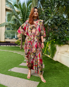 RED ABSTRACT PRINTED SAREE SKIRT WITH BLOUSE AND FLARED JACKET
