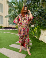 Load image into Gallery viewer, RED ABSTRACT PRINTED SAREE SKIRT WITH BLOUSE AND FLARED JACKET

