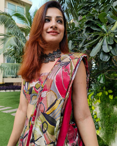 RED ABSTRACT PRINTED SAREE SKIRT WITH BLOUSE (without Jacket)