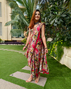 RED ABSTRACT PRINTED SAREE SKIRT WITH BLOUSE (without Jacket)