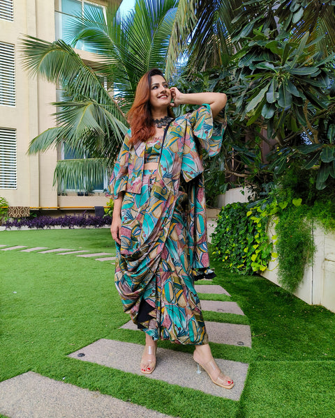 GREEN ABSTRACT PRINTED SAREE SKIRT WITH BLOUSE AND FLARED JACKET